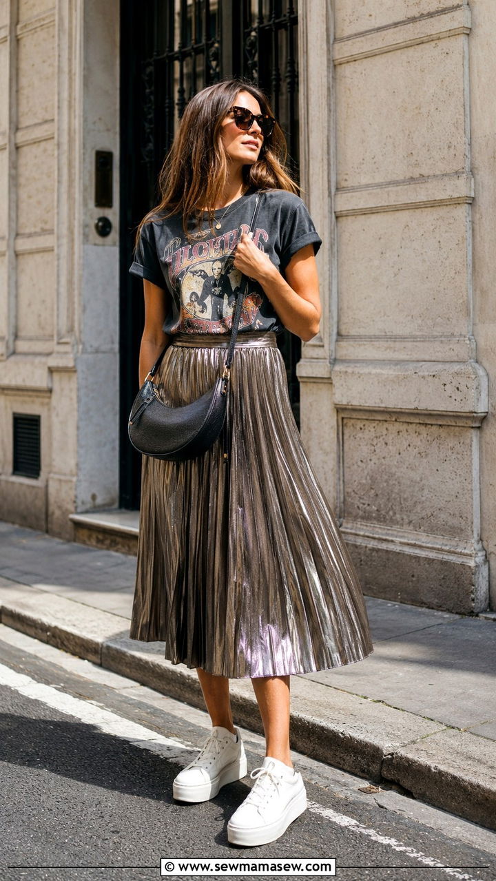 Pleated midi skirt with graphic tee and sneakers - 25 Travel outfit ideas for tall women