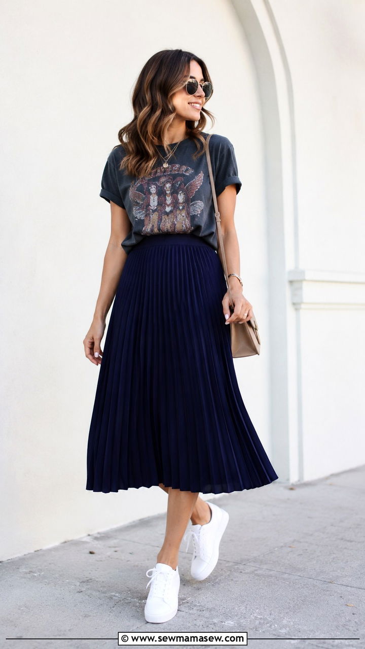 Pleated midi skirt with graphic tee and sneakers - 30 transitional sneaker outfit ideas