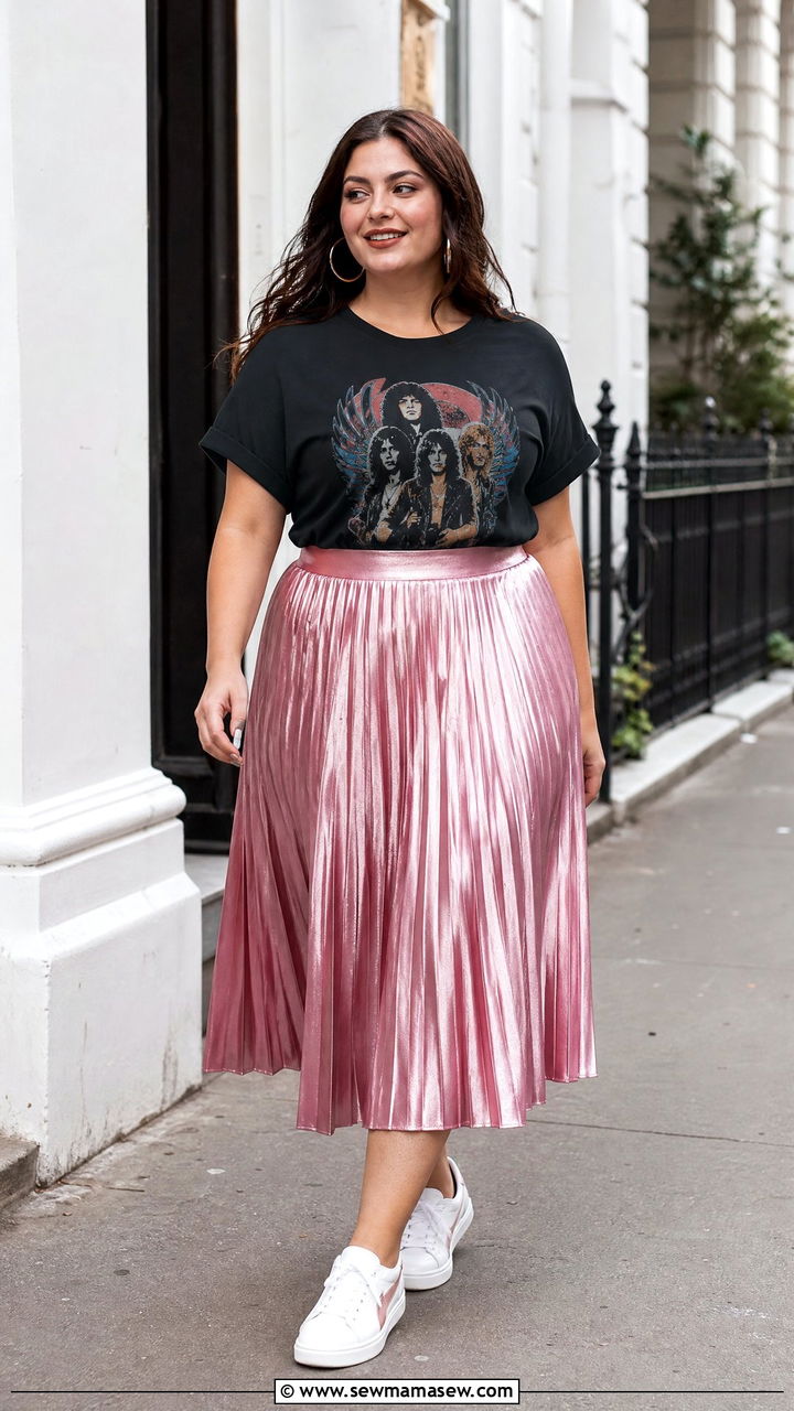 Pleated midi skirt with graphic tee - 25 Outfit ideas for thick thighs
