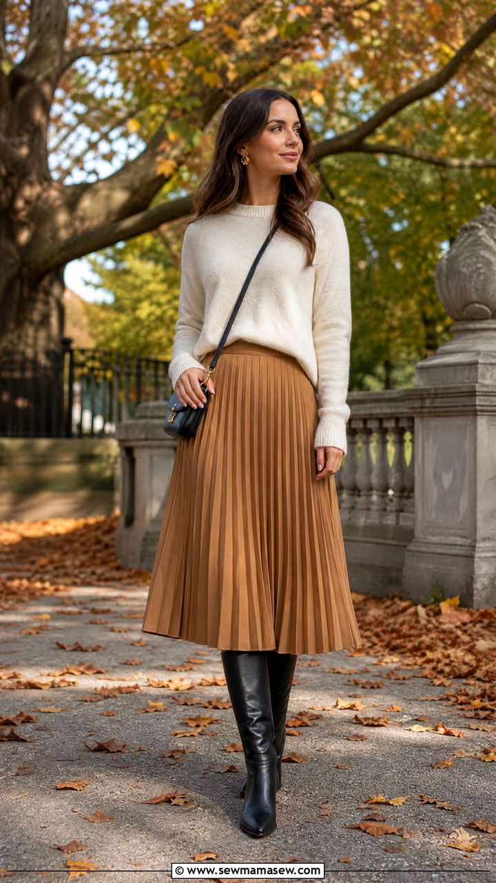 Pleated midi skirt with knit sweater and knee high boots - 25 chic midi skirt outfit ideas