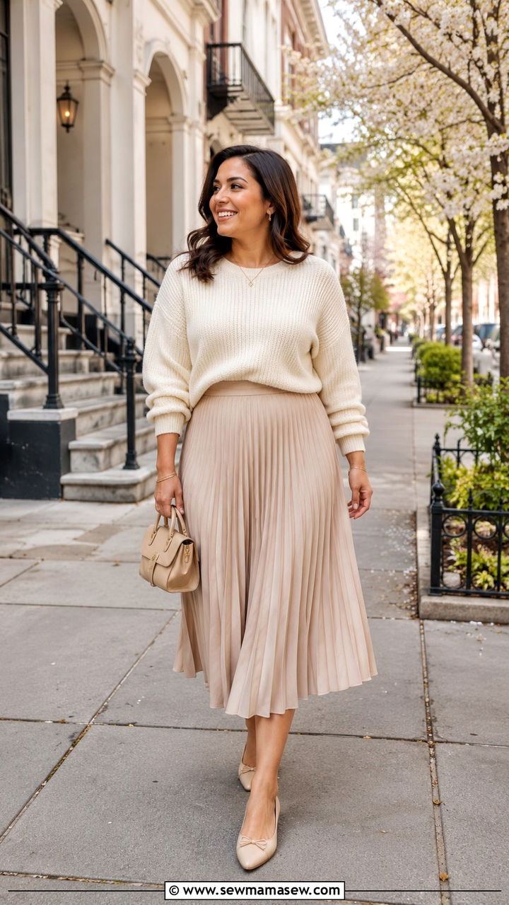 Pleated midi skirt with knit sweater - 30 Petite plus size outfit ideas
