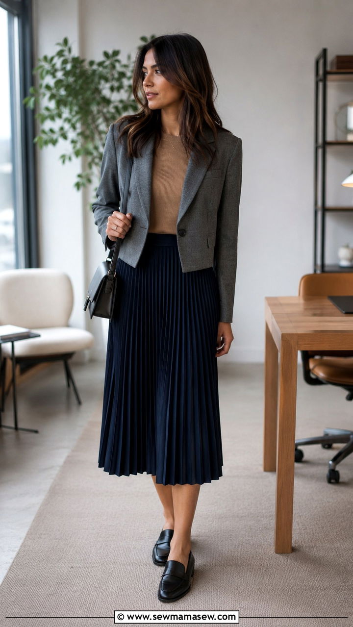 Pleated midi skirt with knit top outfit - 30 Law firm outfit ideas