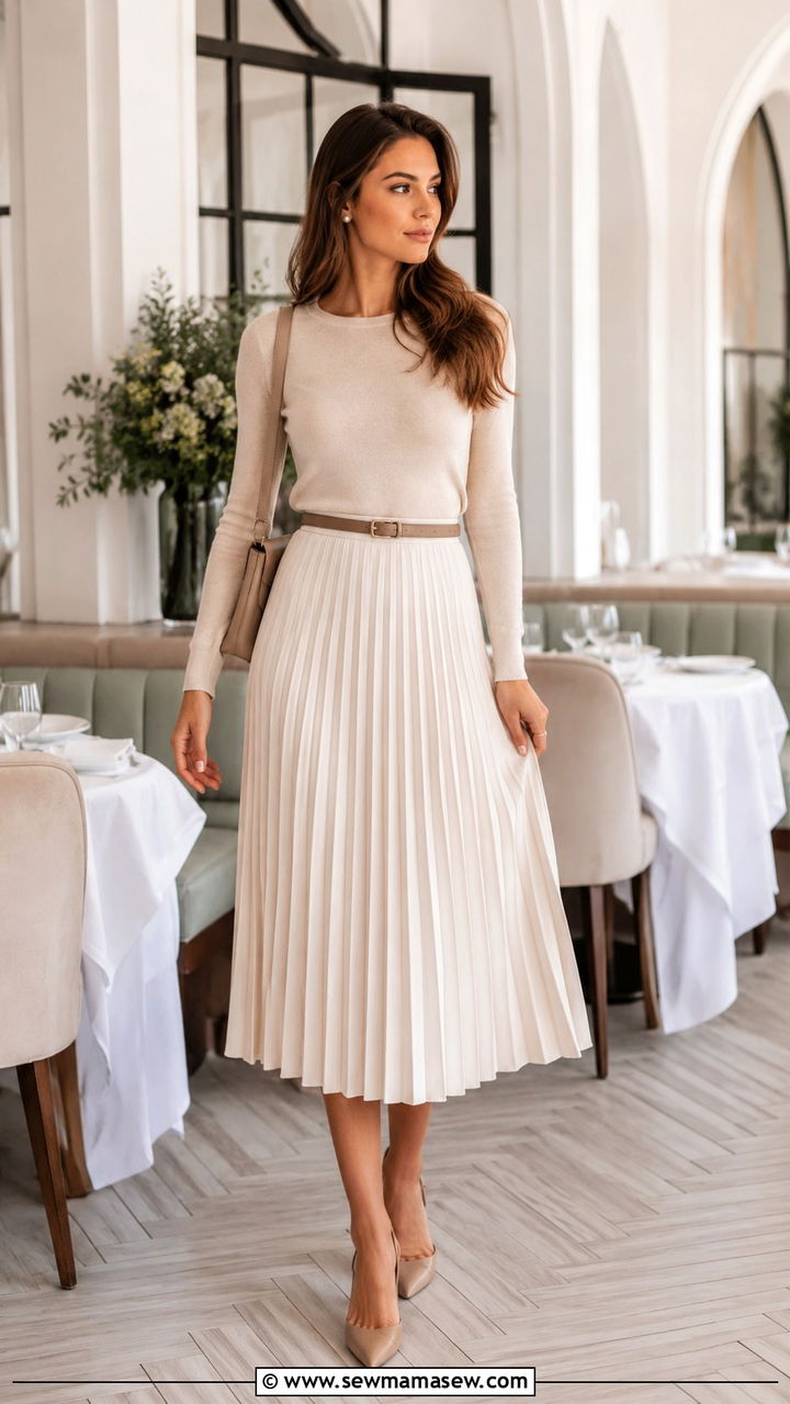 Pleated midi skirt with knit top - 30 Quiet luxury outfit ideas for brunch