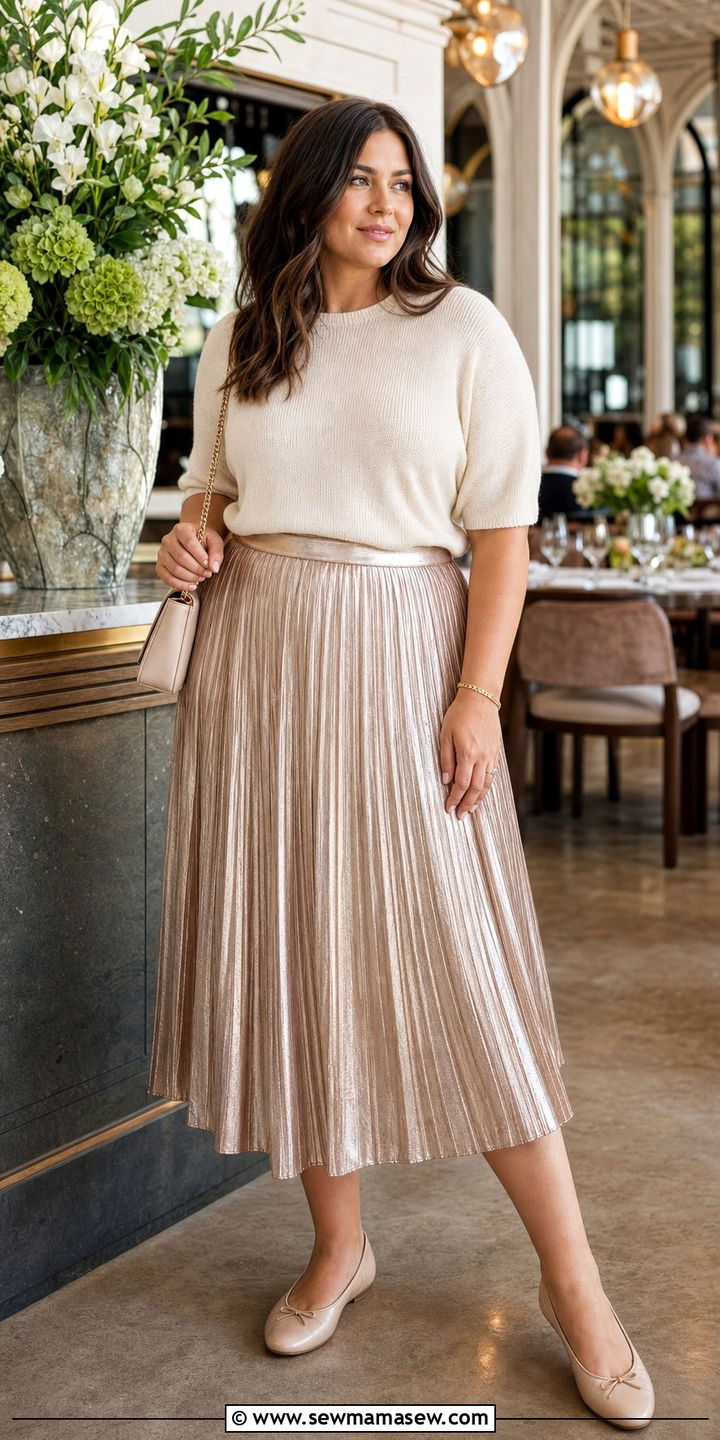 Pleated midi skirt with lightweight knit top - 35 Brunch outfits for midsize women
