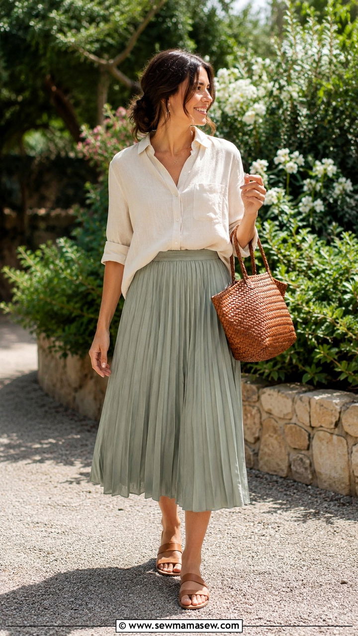Pleated midi skirt with linen button down - 30 Pleated midi skirt outfit ideas for work