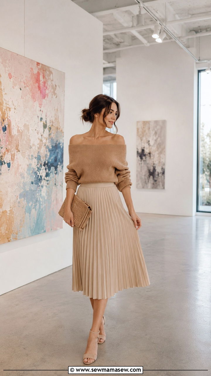 Pleated midi skirt with off the shoulder knit - 30 Pleated midi skirt outfit ideas for work