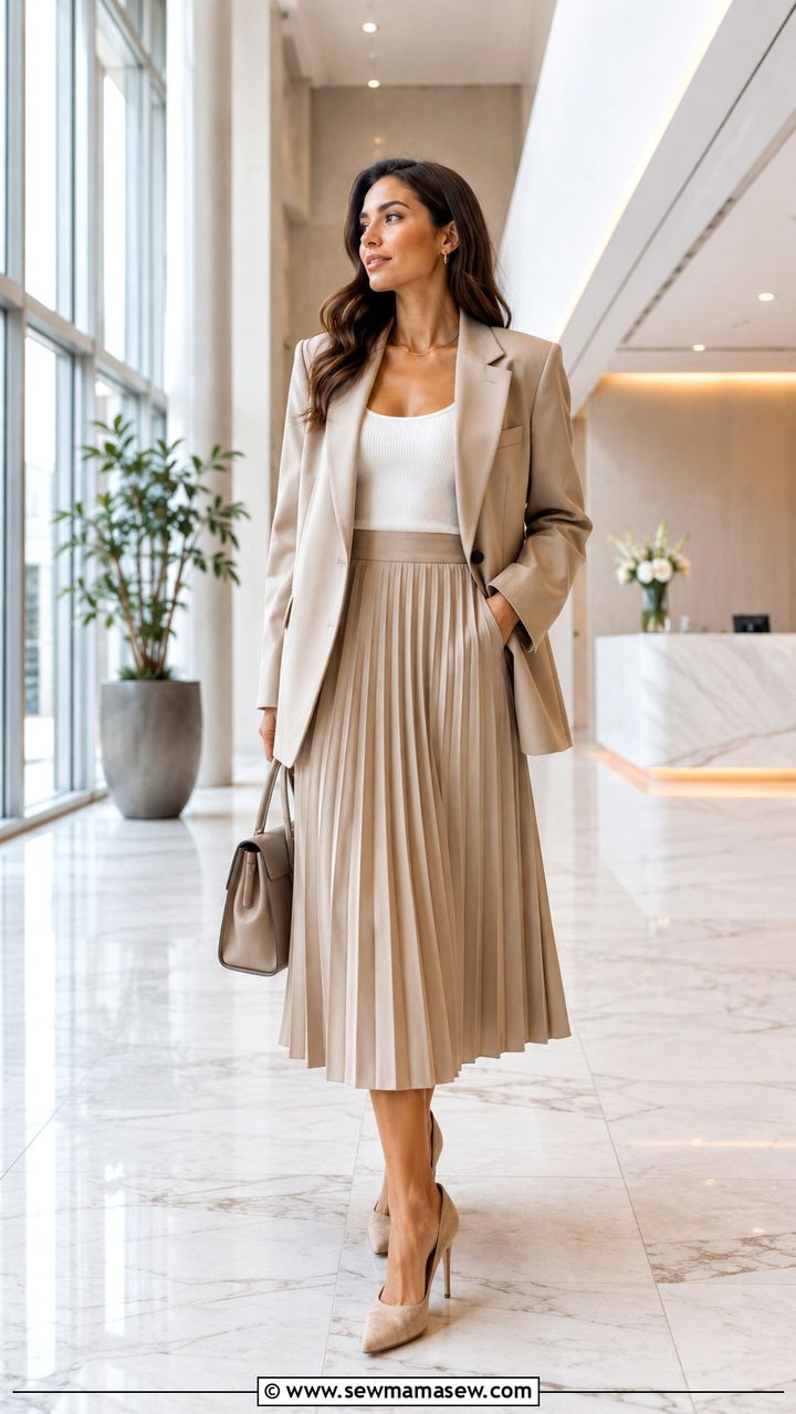Pleated midi skirt with oversized blazer - 30 Pleated midi skirt outfit ideas for work