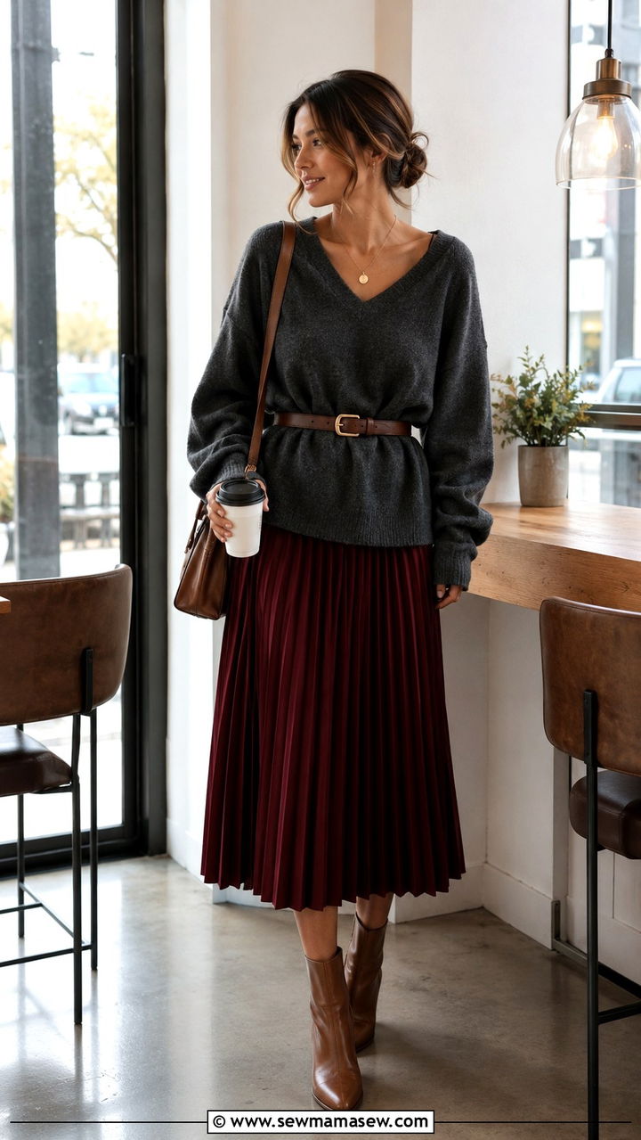 Pleated midi skirt with oversized sweater and belt - 30 Pleated midi skirt outfit ideas for work