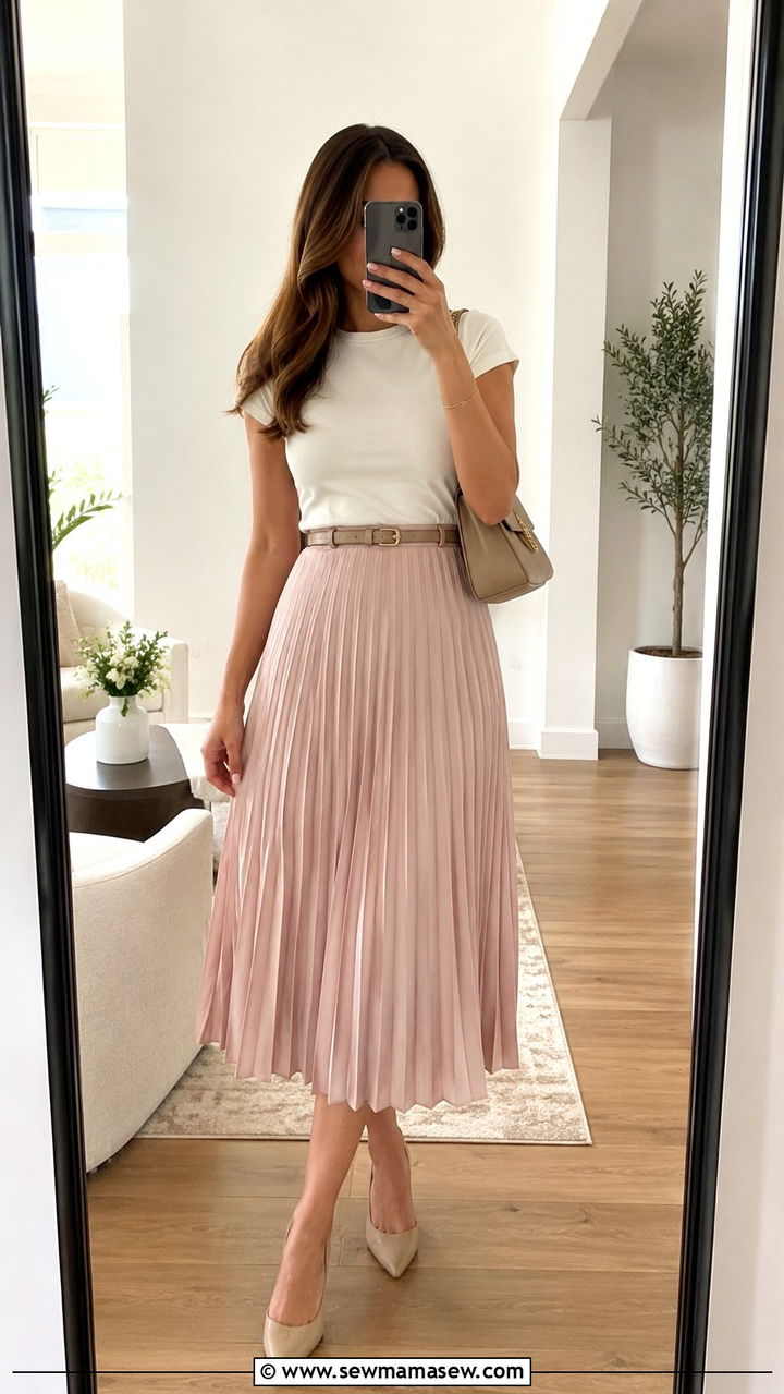 Pleated midi skirt with pointed toe heels - 30 Midi skirt outfit ideas with heels