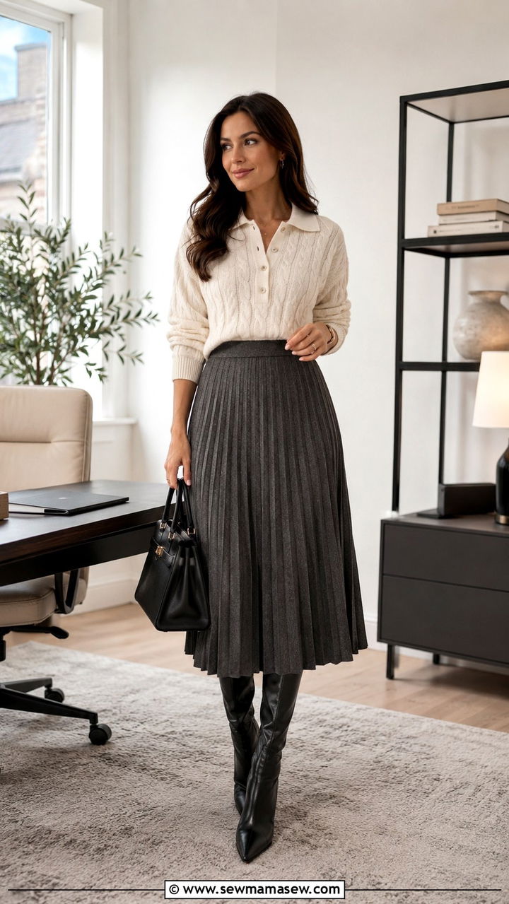 Pleated midi skirt with polo sweater - 30 Pleated midi skirt outfit ideas for work