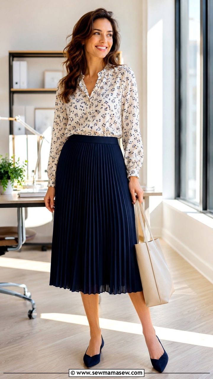 Pleated midi skirt with printed blouse - 30 Pleated midi skirt outfit ideas for work