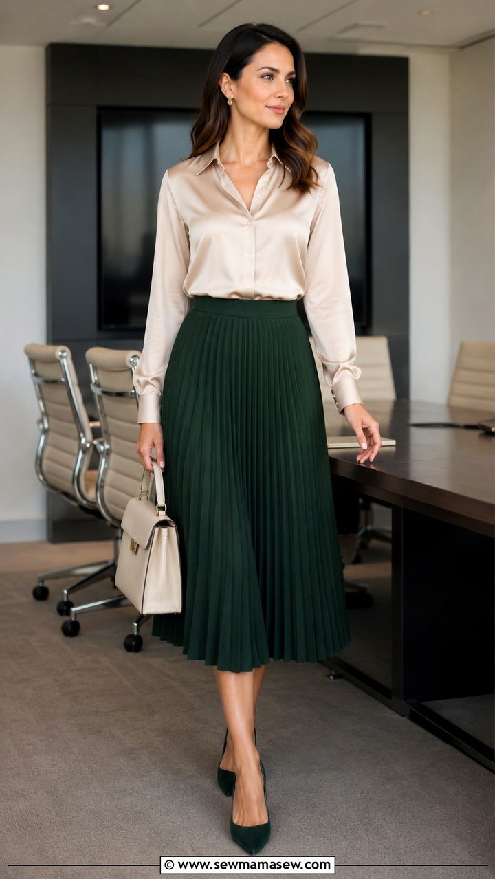 Pleated midi skirt with silk blouse - 30 Pleated midi skirt outfit ideas for work