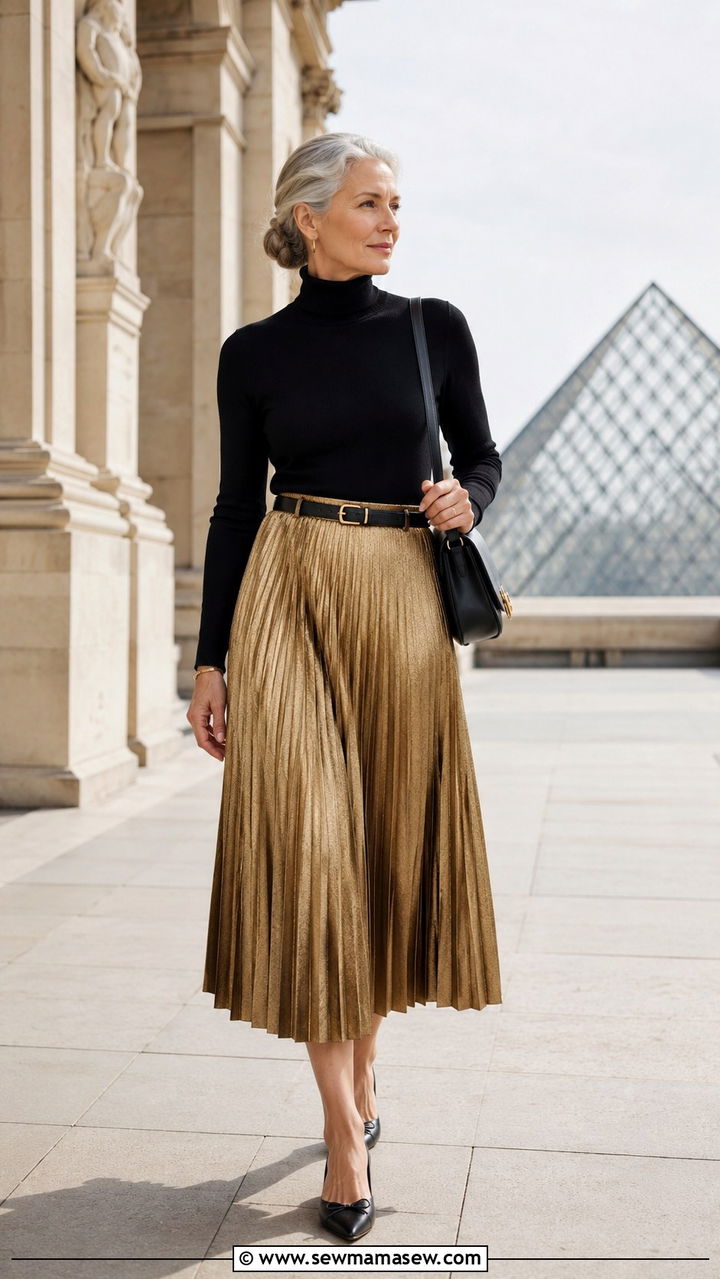 Pleated midi skirt with slim turtleneck rectangle - 25 Outfit ideas for rectangle over 40