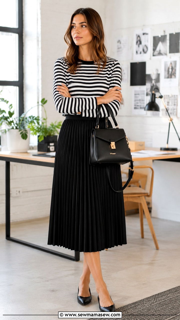 Pleated midi skirt with striped long sleeve top - 30 Pleated midi skirt outfit ideas for work