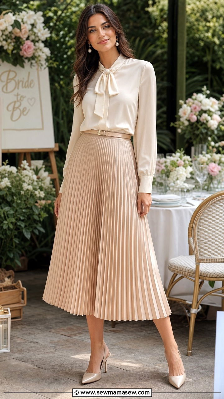 Pleated midi skirt with tucked blouse outfit - 25 Cute outfits for rectangle body