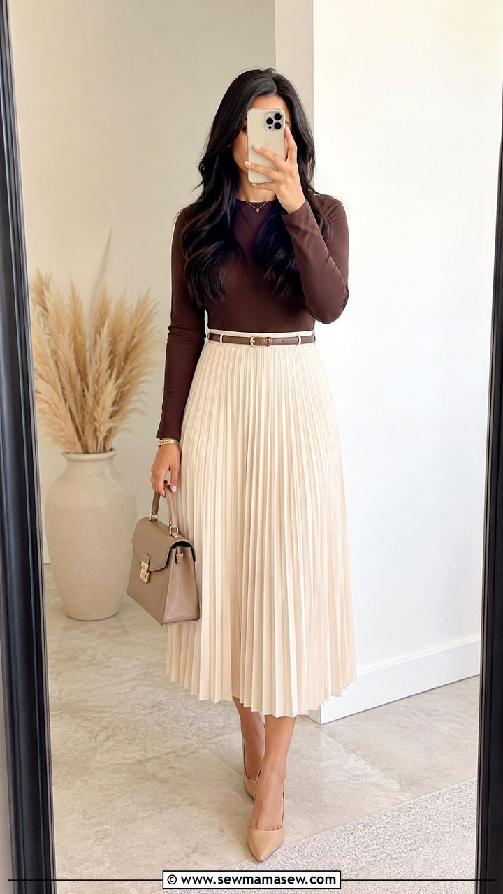 Pleated midi skirt with tucked in blouse - 30 Modest wardrobe essentials 2026