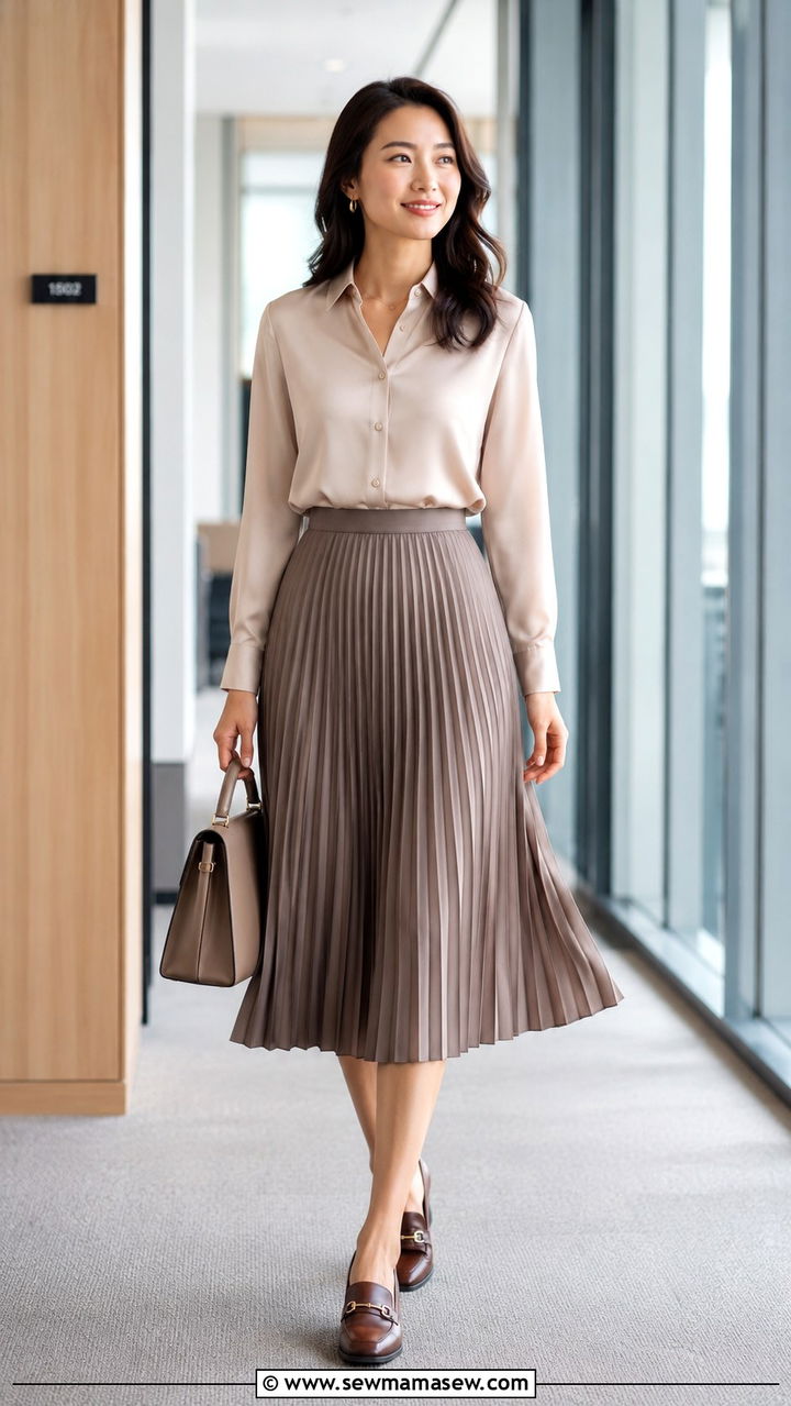 Pleated midi skirt with tucked in blouse and heeled loafers - 25 Recruiter outfit ideas