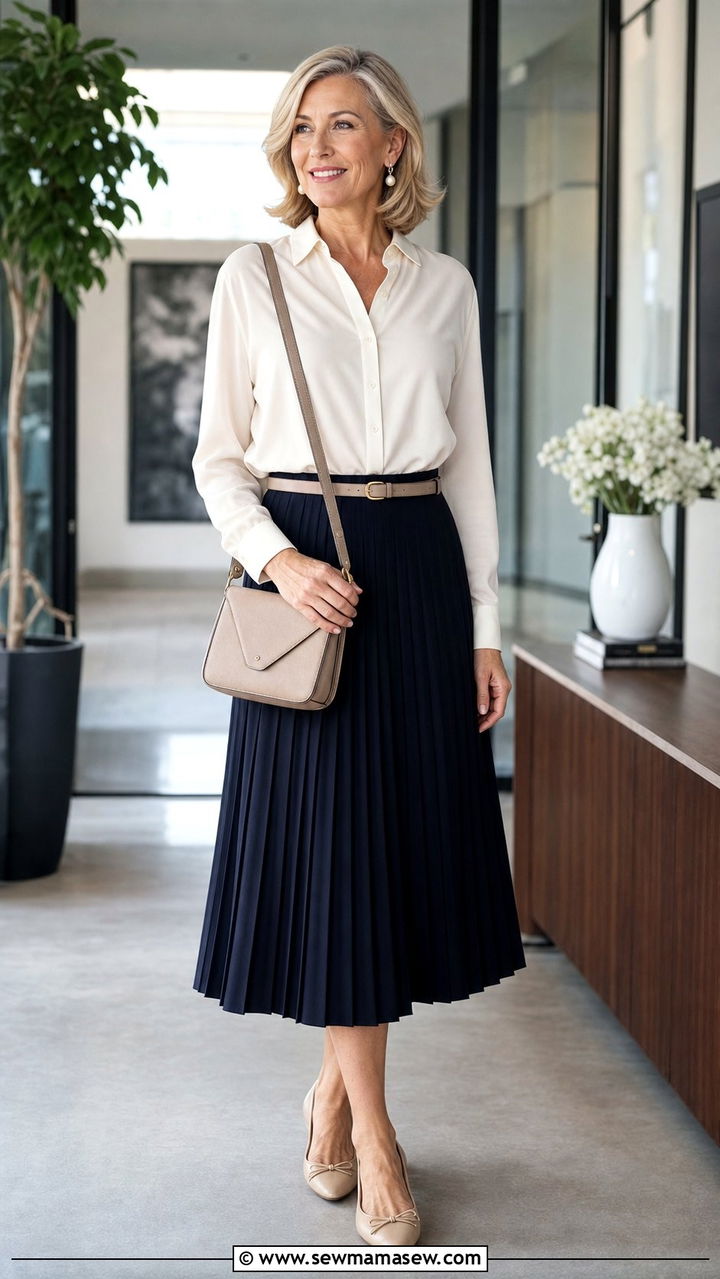 Pleated midi skirt with tucked in blouse outfit - 35 Business casual outfits for women over 50