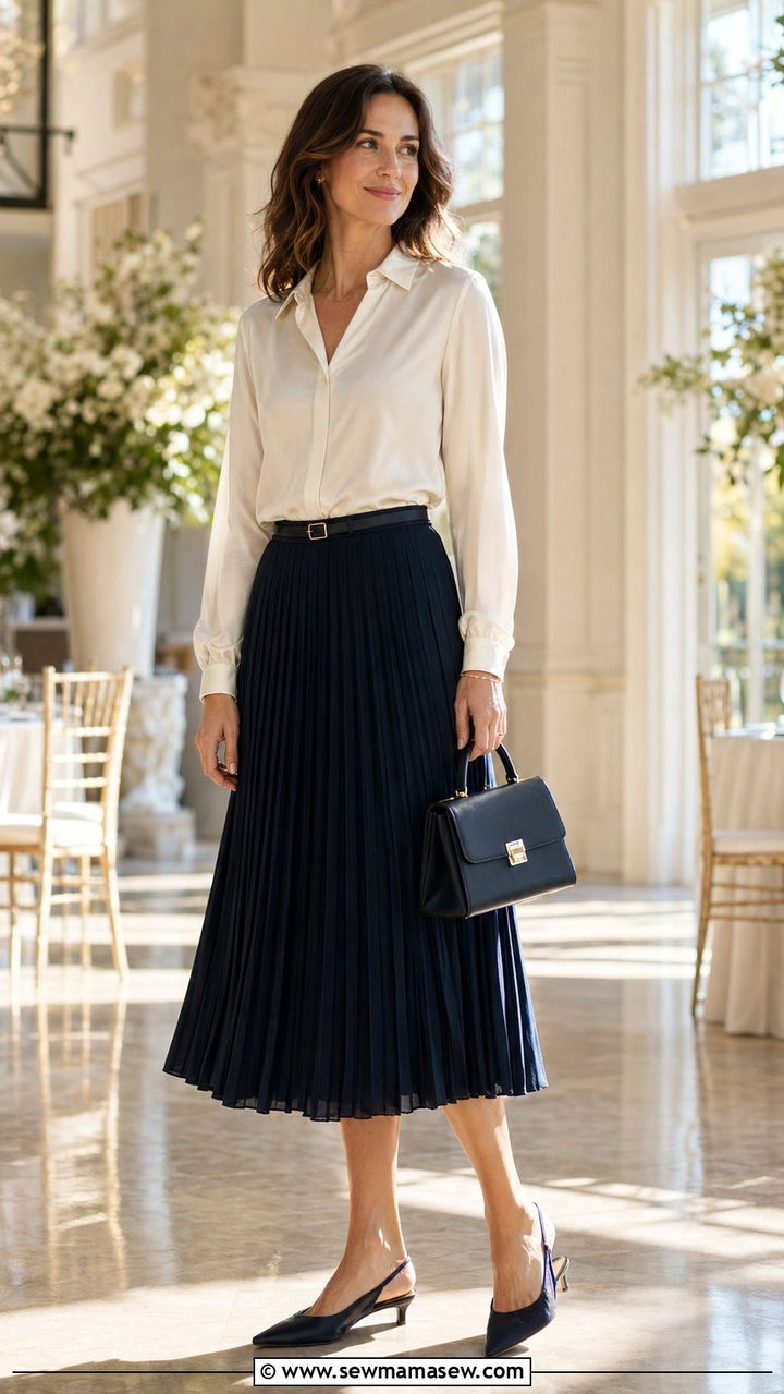 Pleated midi skirt with tucked in blouse outfit - 35 Ageless outfit ideas