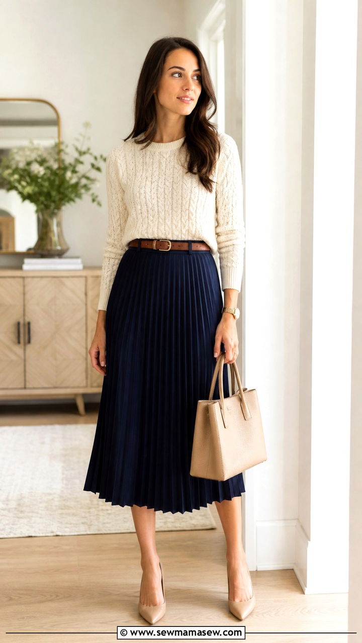 Pleated midi skirt with tucked in sweater - 40 classy office outfits
