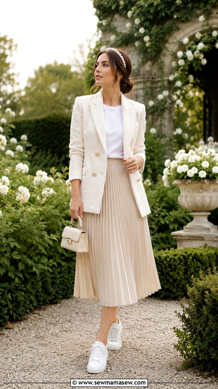 Pleated midi skirt with tweed blazer and sneakers - 30 Pleated skirt outfit ideas with sneakers