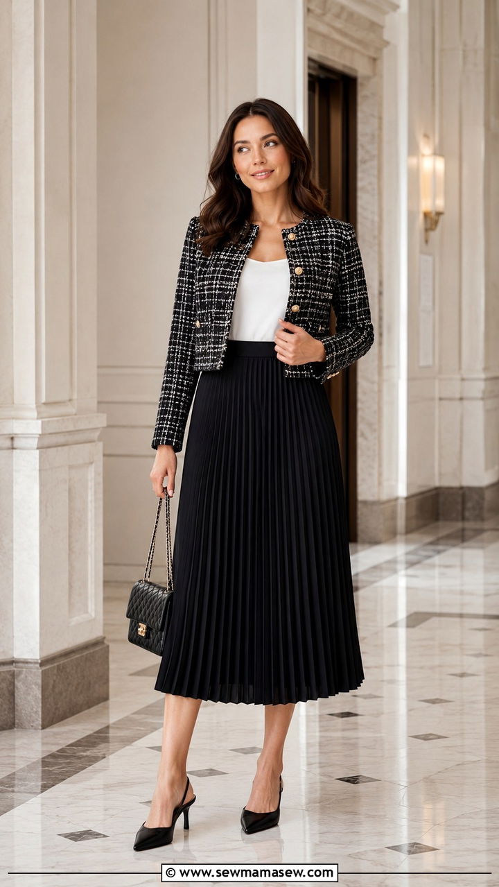 Pleated midi skirt with tweed jacket - 30 Pleated midi skirt outfit ideas for work