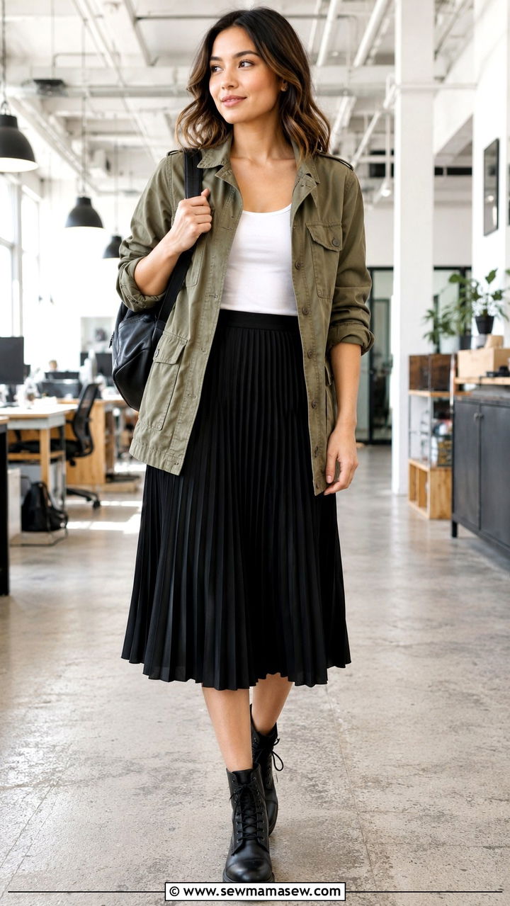 Pleated midi skirt with utility jacket - 30 Pleated midi skirt outfit ideas for work