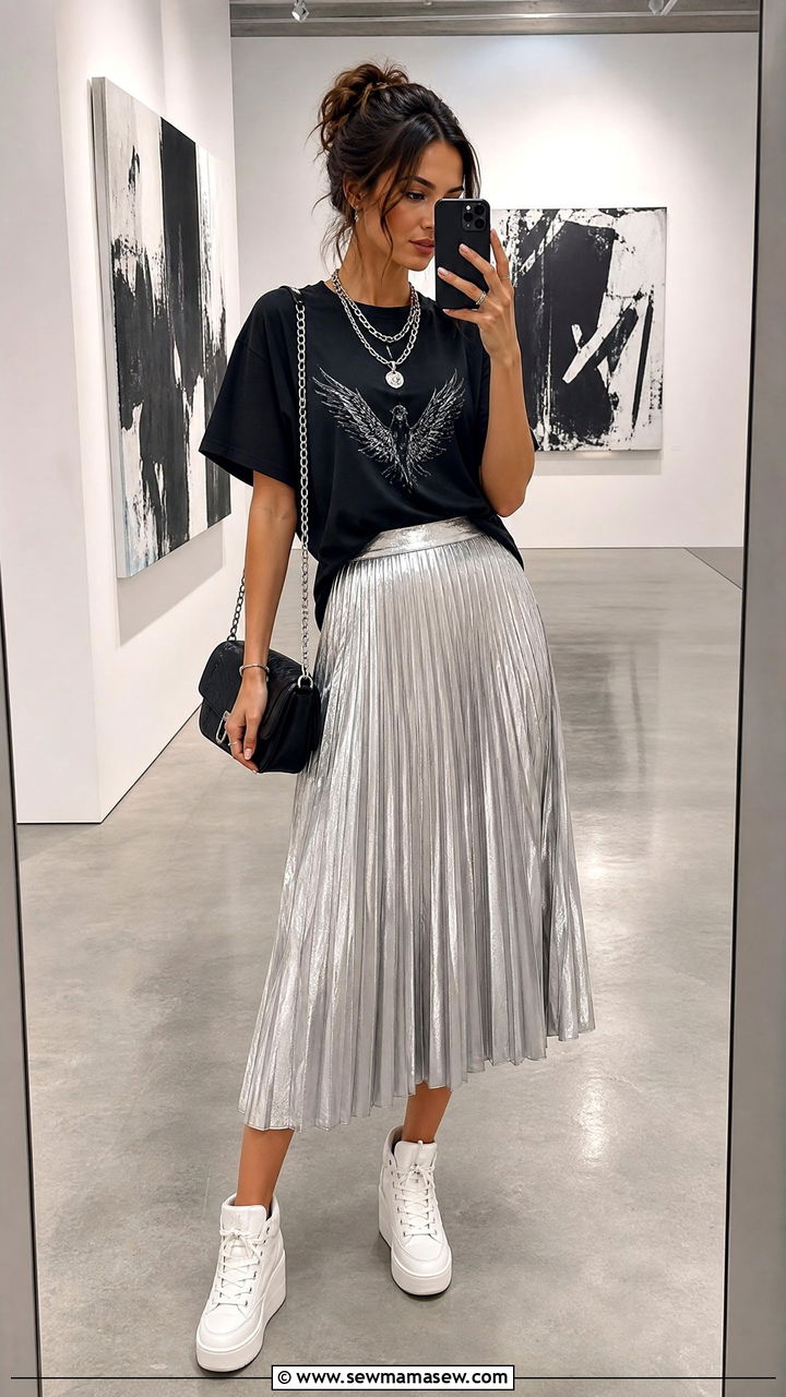 Pleated midi skirt with wedge sneakers outfit - 30 How to style wedges