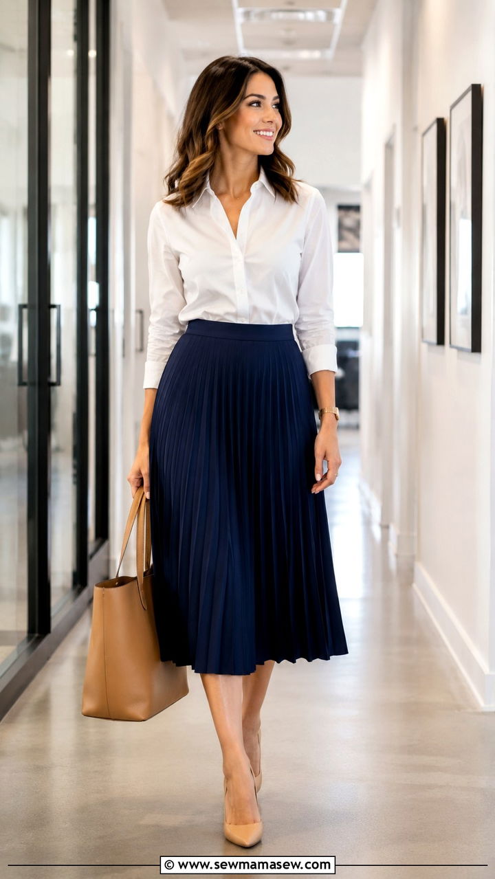 Pleated midi skirt with white button down shirt - 30 Pleated midi skirt outfit ideas for work