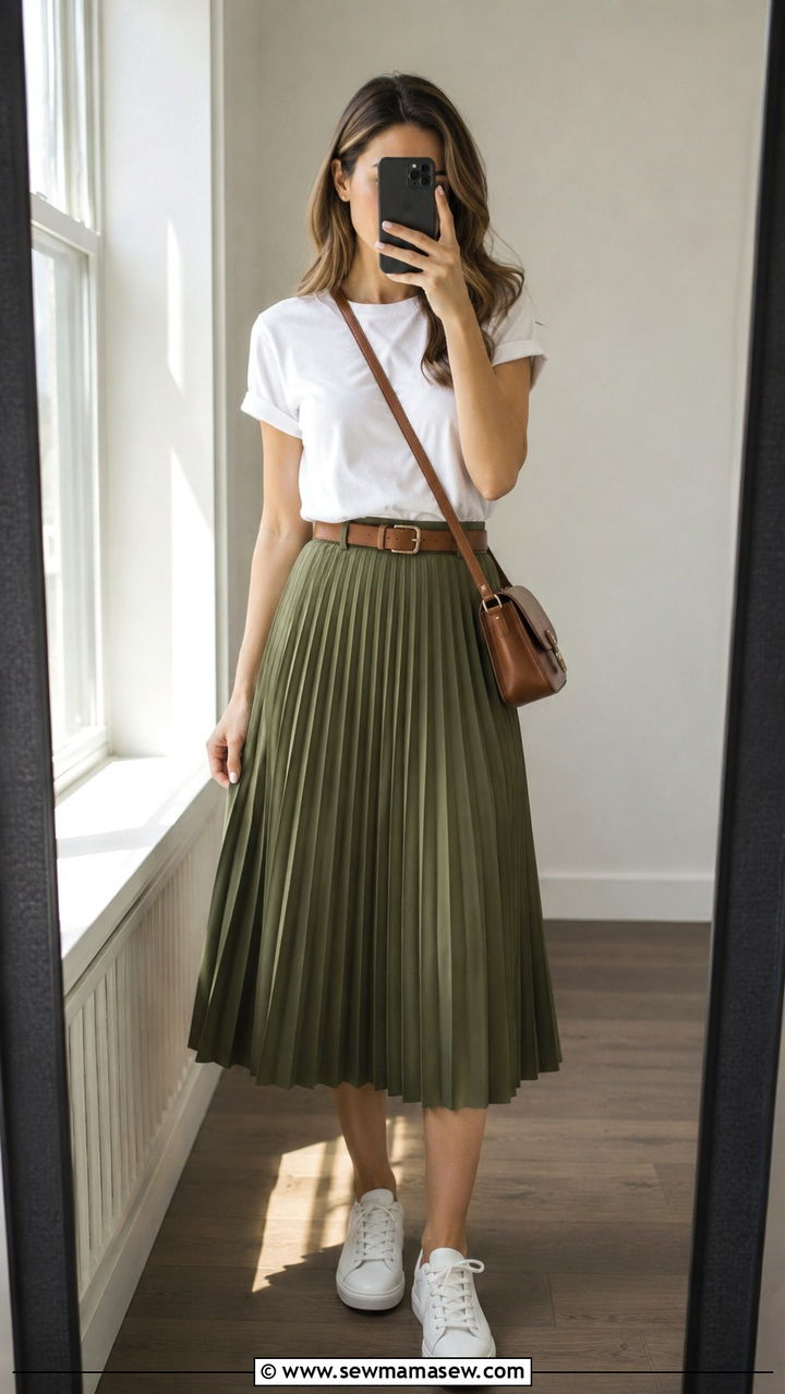 Pleated midi skirt with white tee and sneakers - 30 Pleated skirt outfit ideas with sneakers