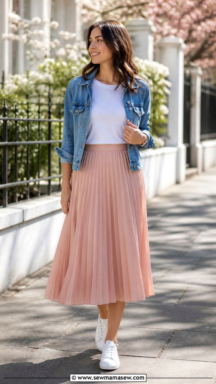 Pleated midi skirt with white tee and sneakers - 40 classy teacher outfits