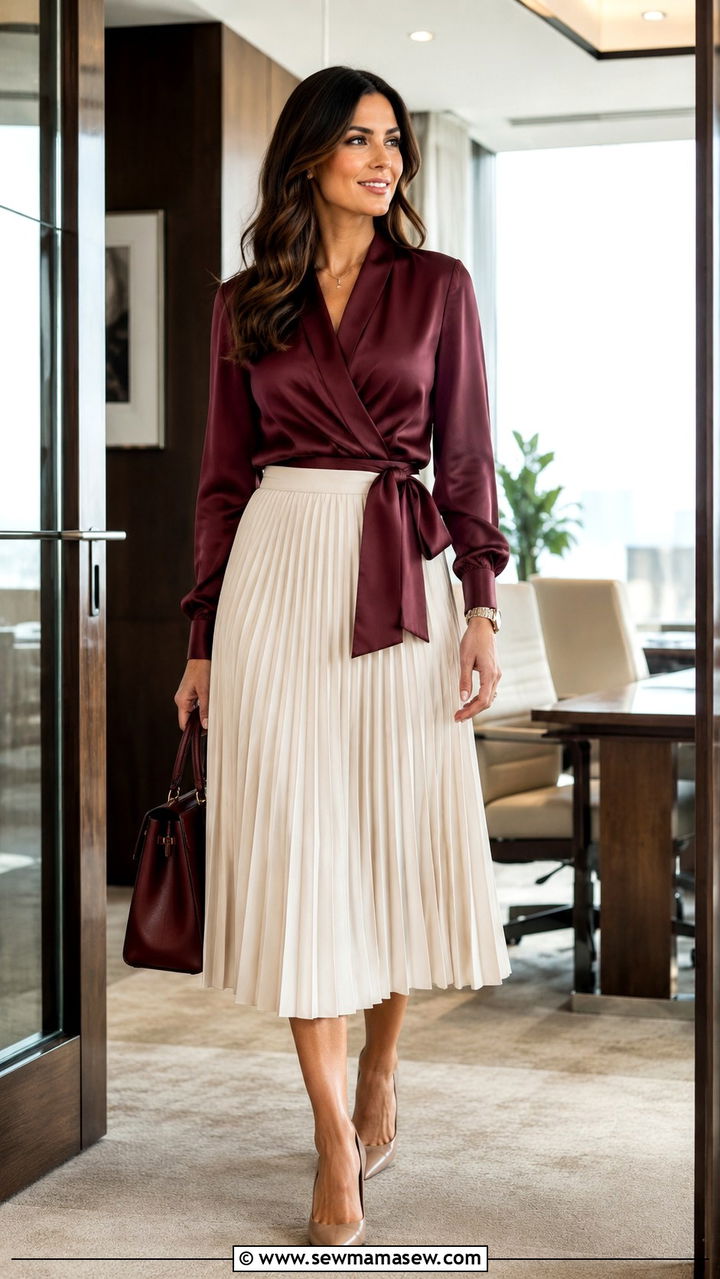 Pleated midi skirt with wrap blouse - 30 Pleated midi skirt outfit ideas for work