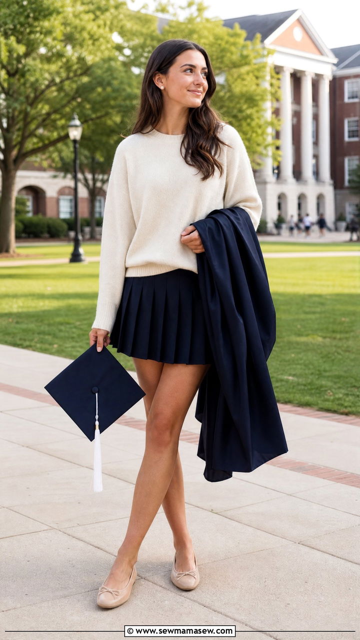 Pleated mini skirt and sweater - 35 graduation outfit ideas for women