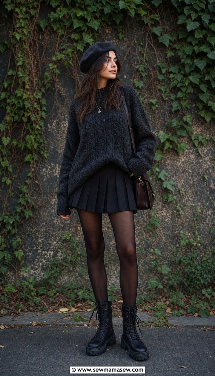 Pleated mini skirt with chunky knit sweater and combat boots - 25 Dark academia outfit ideas 2026