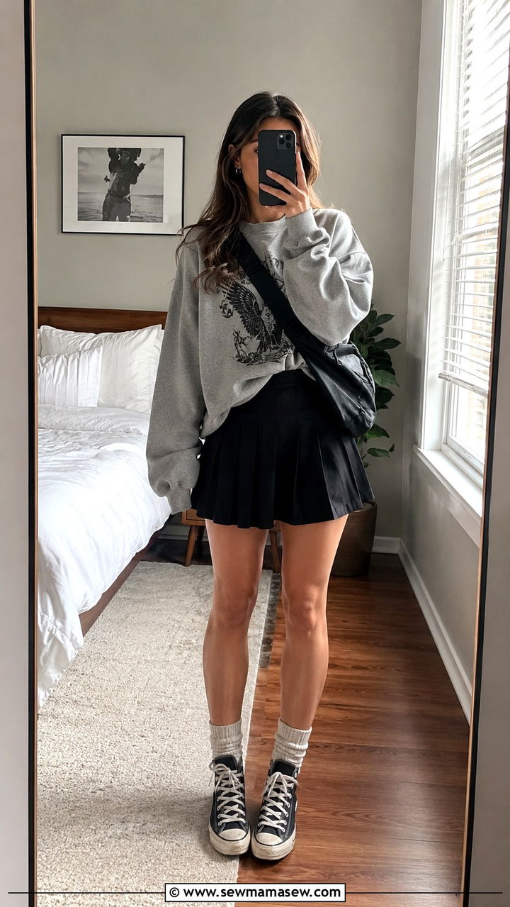 Pleated mini skirt with graphic sweatshirt - 30 casual pleated skirt outfits