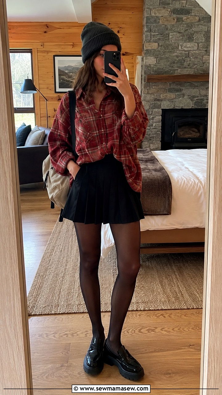 Pleated mini skirt with oversized flannel - 30 casual pleated skirt outfits