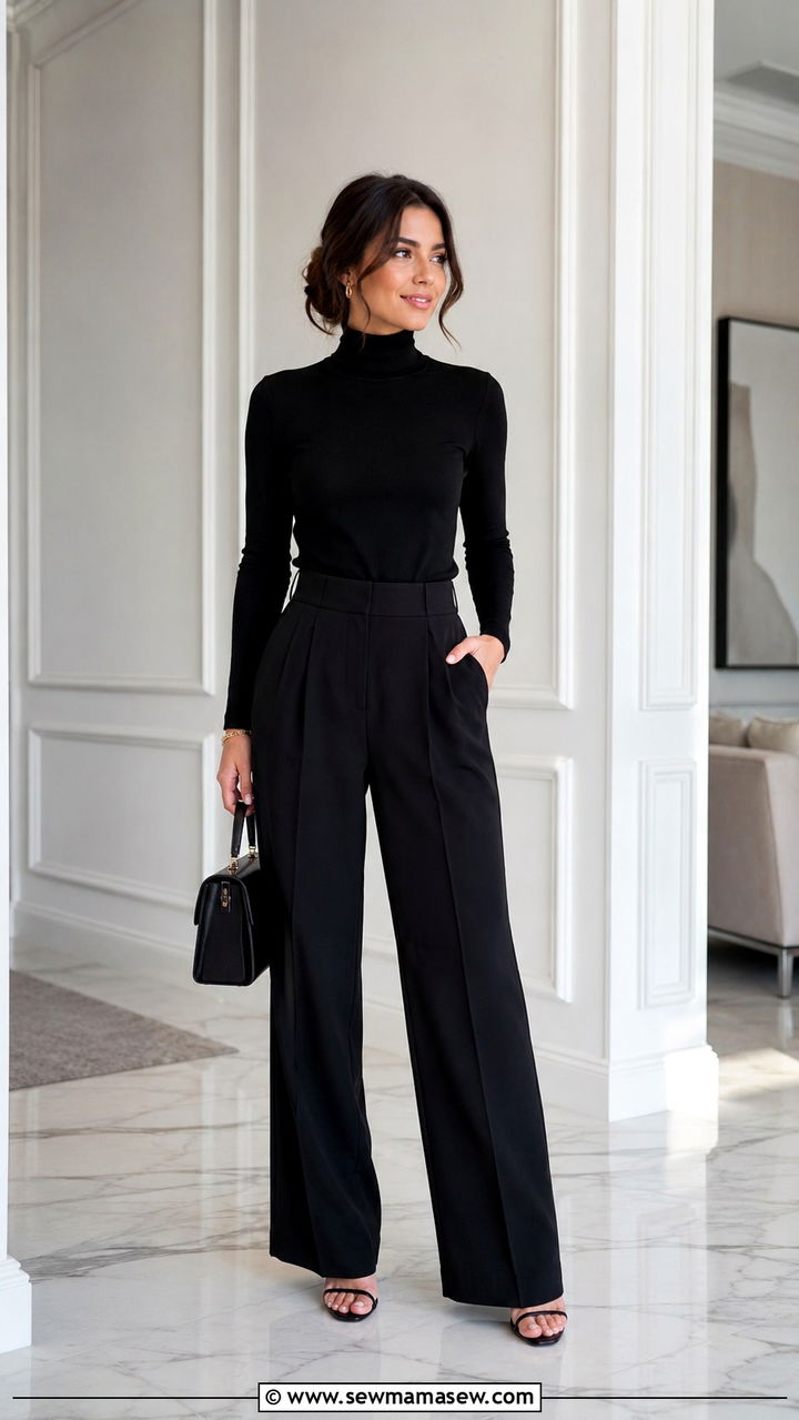 Pleated pants and black turtleneck - 30 Petite office outfit ideas