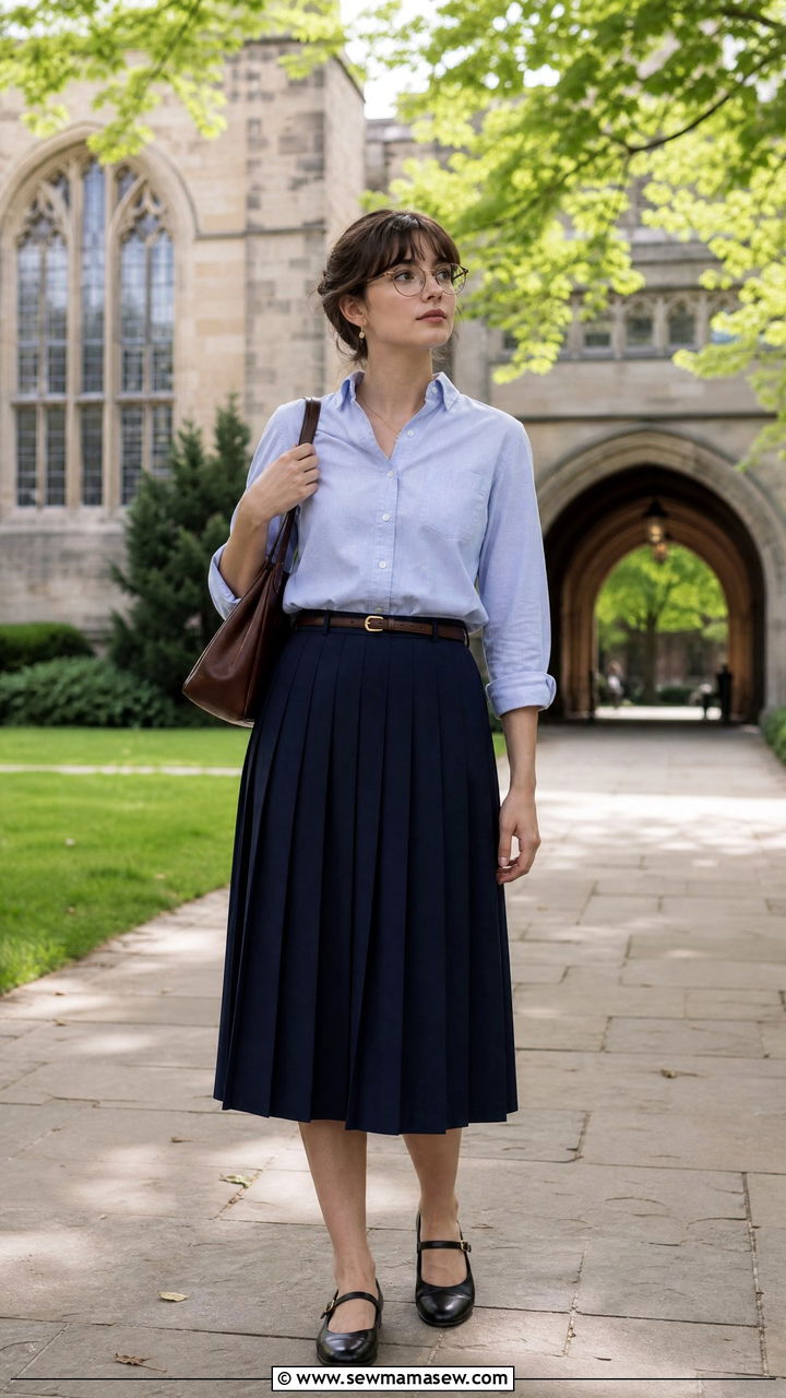 Pleated skirt and Oxford shirt librarian outfit - 25 librarian core outfits to copy
