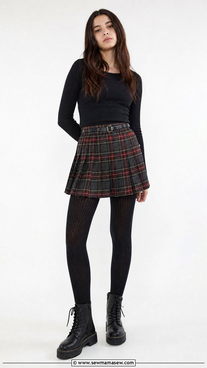 Pleated skirt uniform with textured opaque tights and combat boots outfit - 30 School uniform hacks outfit ideas