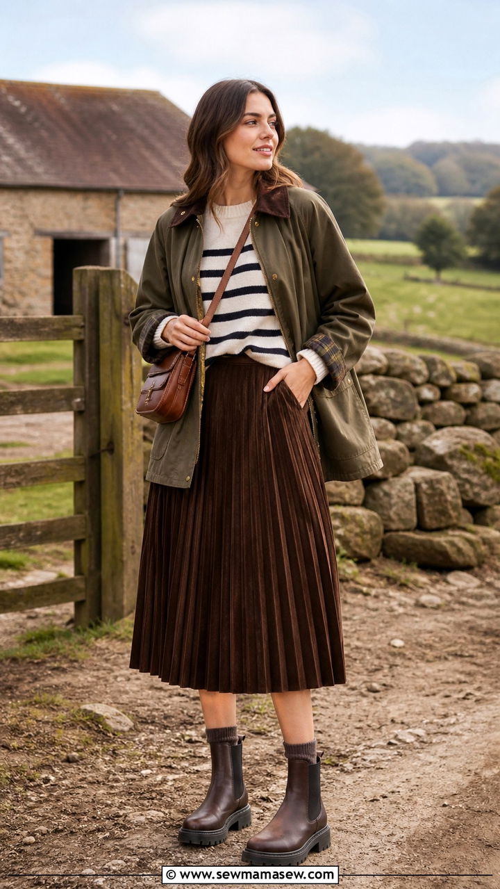 Pleated skirt with barn jacket and lug sole boots - 40 pleated skirt outfit ideas
