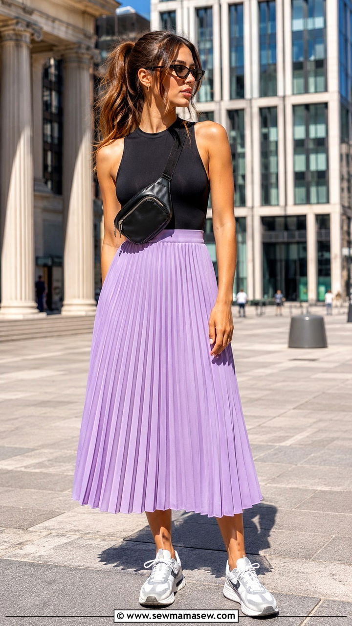 Pleated skirt with bodysuit and trainers - 30 casual pleated skirt outfits