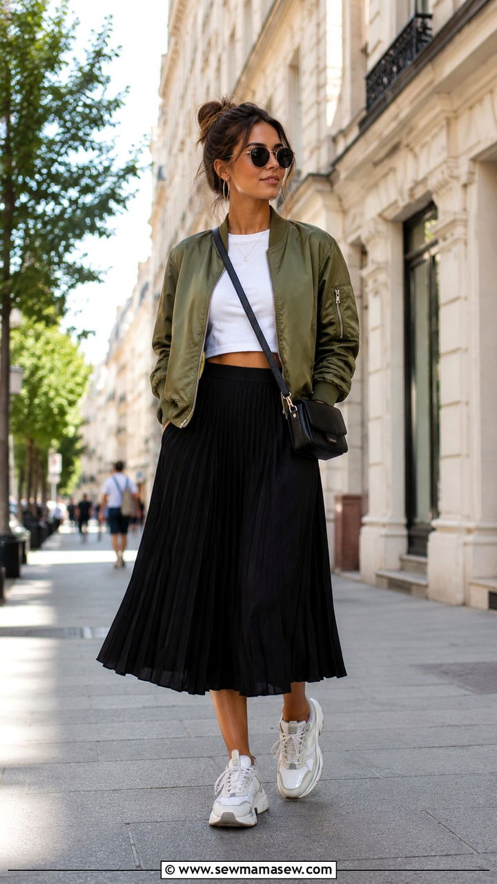 Pleated skirt with bomber jacket and sneakers - 30 Spring outfits with pleated skirts