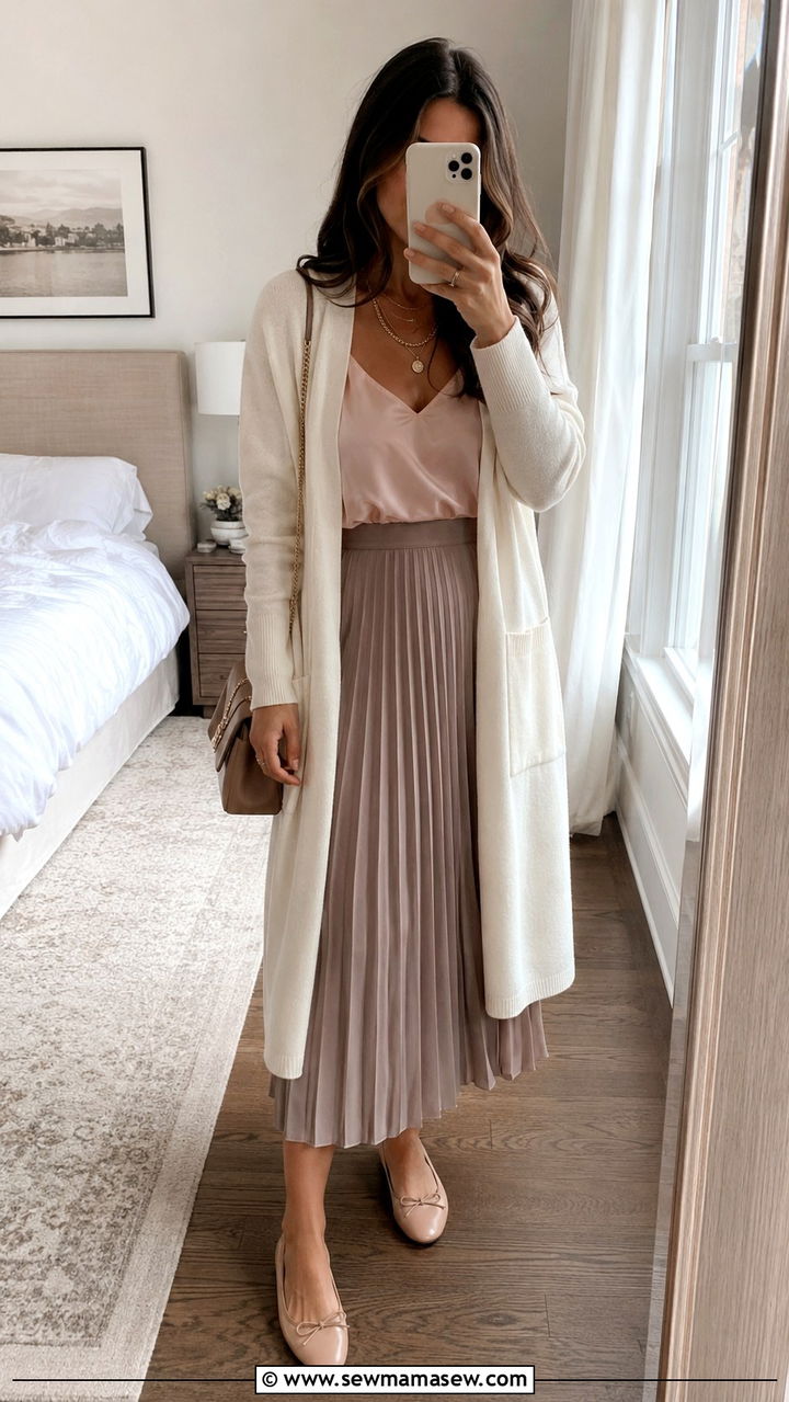 Pleated skirt with camisole and cardigan - 30 casual pleated skirt outfits
