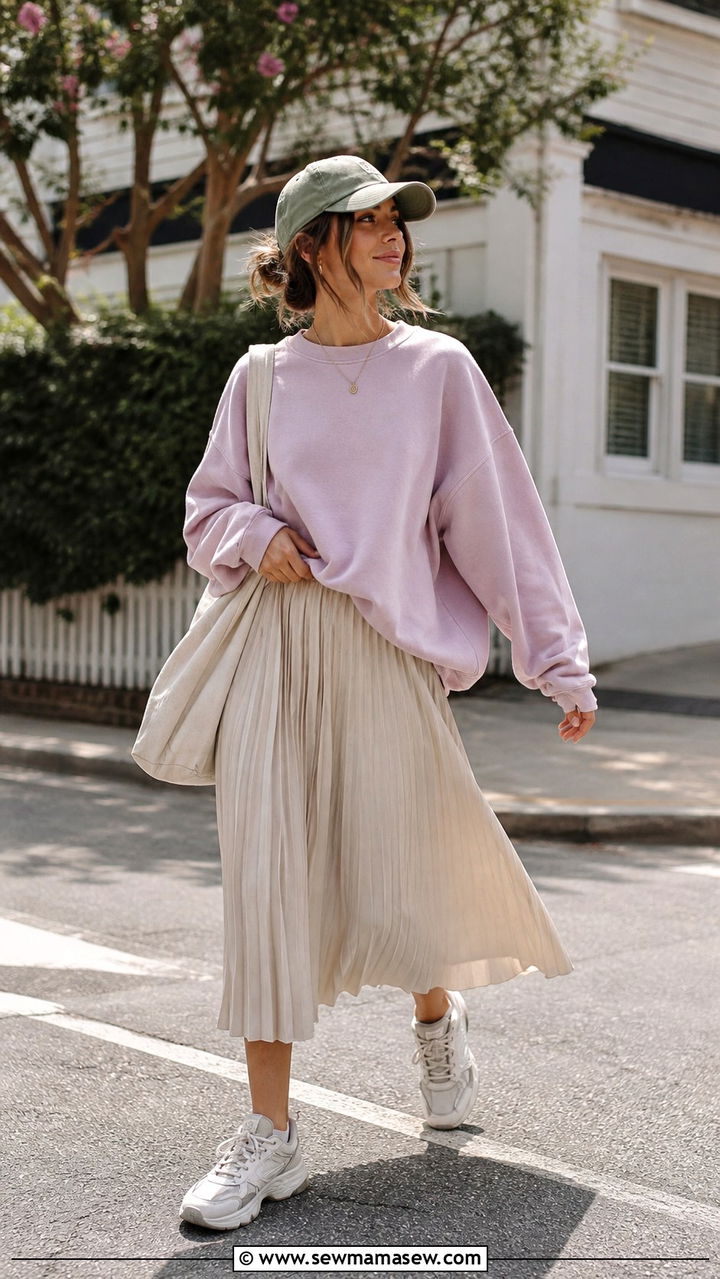 Pleated skirt with crewneck sweatshirt and dad sneakers - 40 pleated skirt outfit ideas