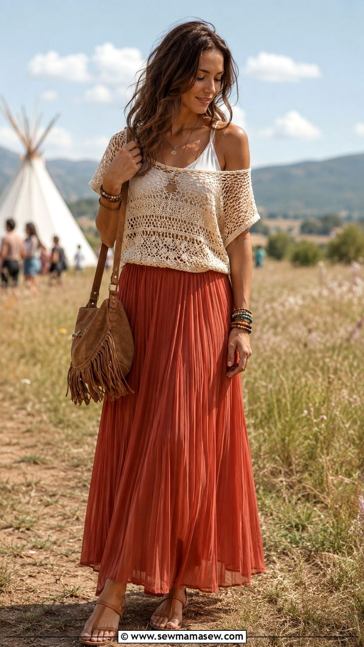 Pleated skirt with crochet top and sandals - 30 casual pleated skirt outfits