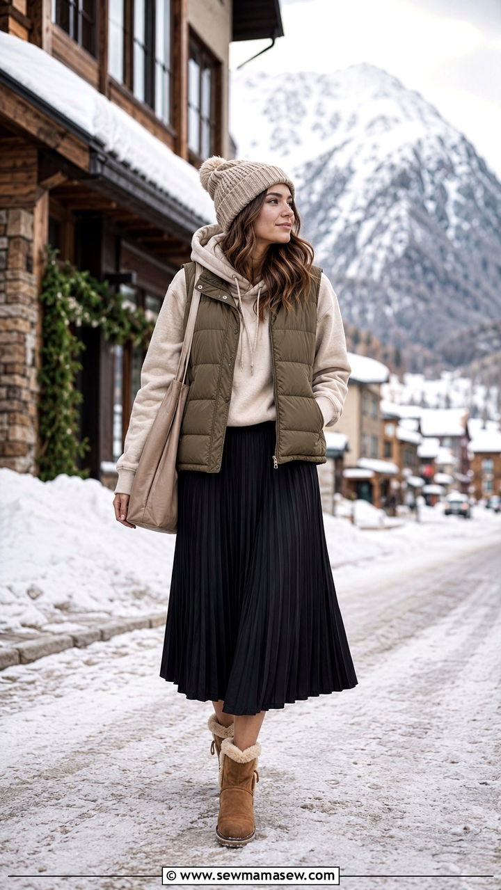 Pleated skirt with hoodie and puffer vest - 30 casual pleated skirt outfits