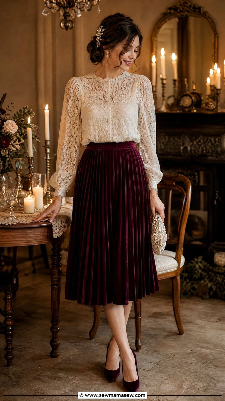 Pleated skirt with lace blouse and velvet pumps - 40 pleated skirt outfit ideas