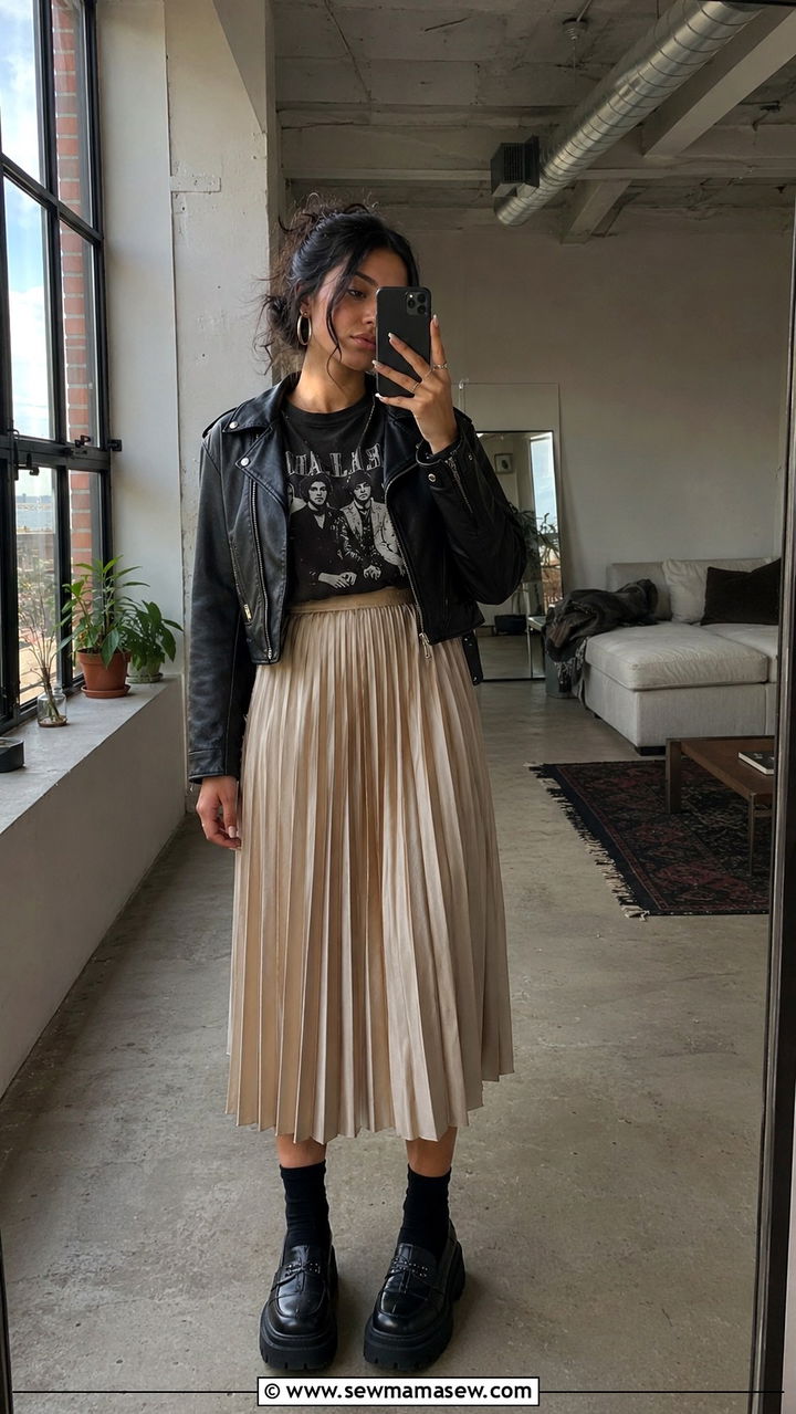 Pleated skirt with leather jacket and band tee - 30 casual pleated skirt outfits