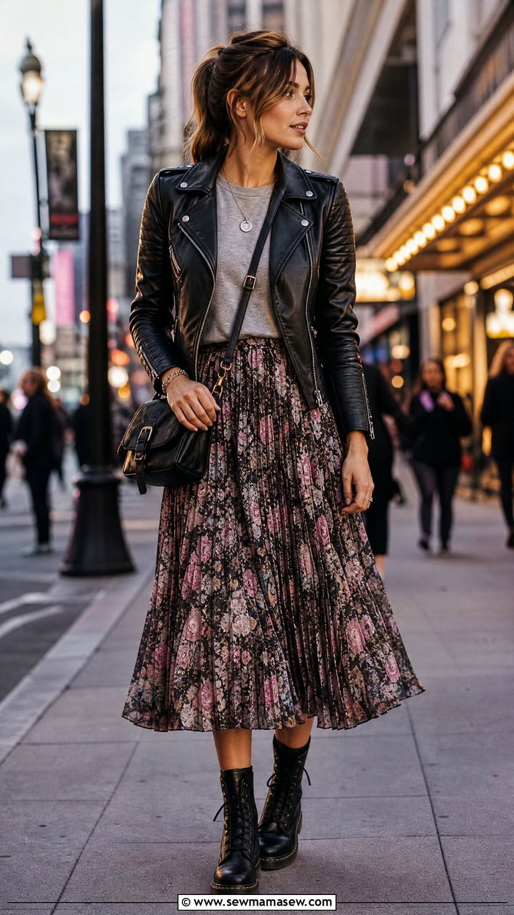 Pleated skirt with moto jacket outfit - 25 spring pleated skirt outfit ideas