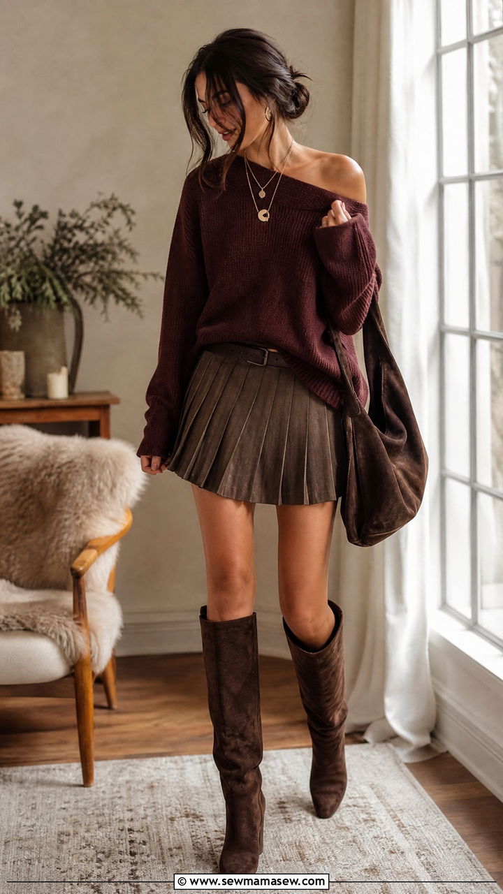 Pleated skirt with off shoulder sweater and knee boots - 40 pleated skirt outfit ideas